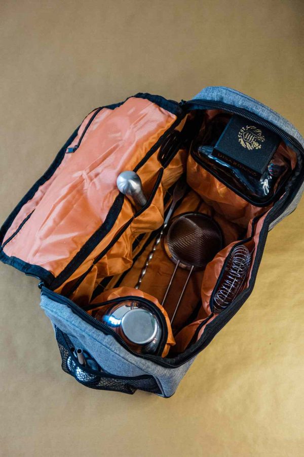 Saco de ferramentas para barman cinzento - Equipamento premium para cocktail, ideal para profissionais e entusiastas. Compre já o seu!